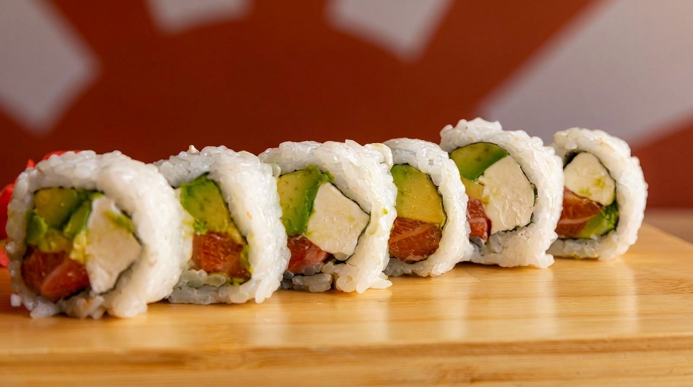 Six sushi rolls with avocado, cream cheese, and salmon on a wooden board.
