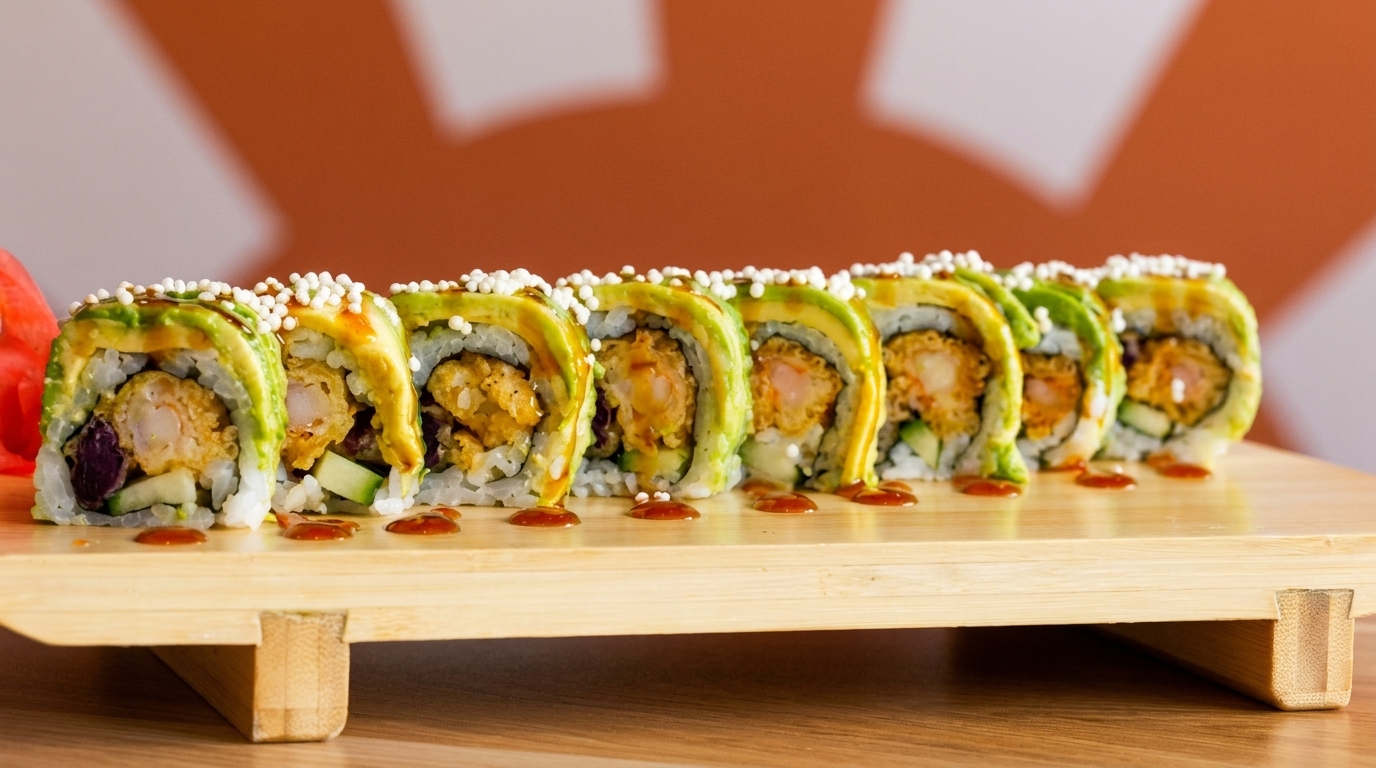 Sushi rolls with avocado, tempura shrimp, and white toppings on a wooden serving board.