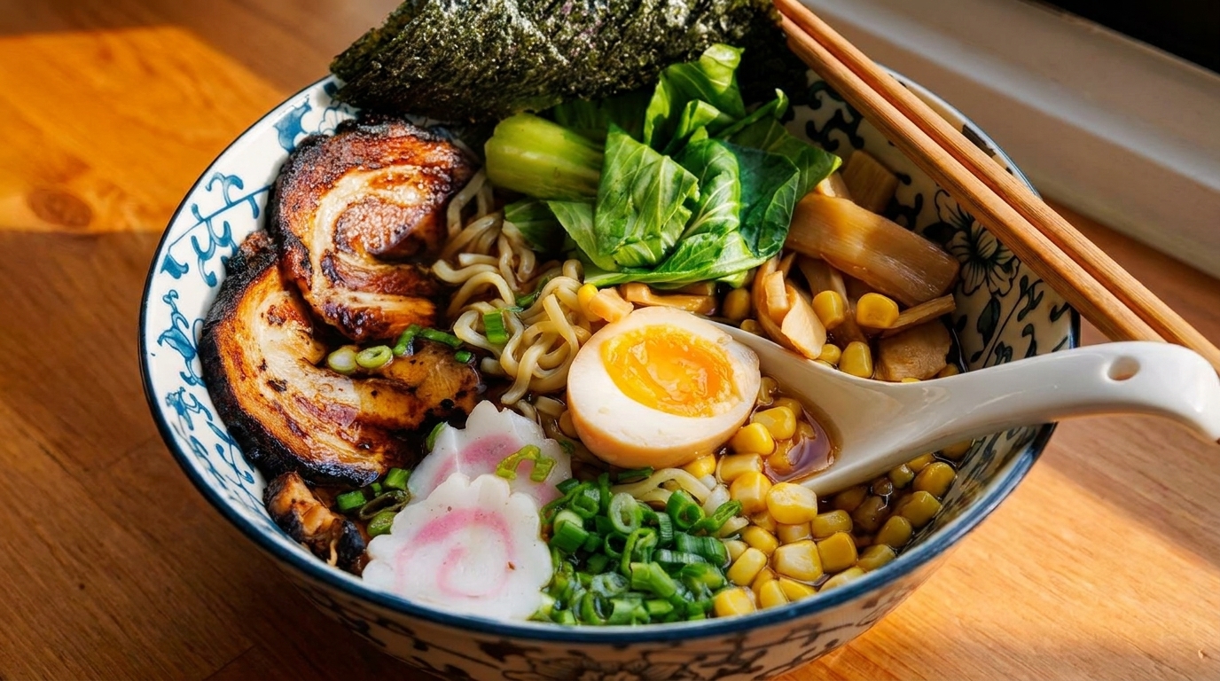 A colorful bowl of ramen with pork, egg, corn, bok choy, scallions, and nori, with chopsticks.
