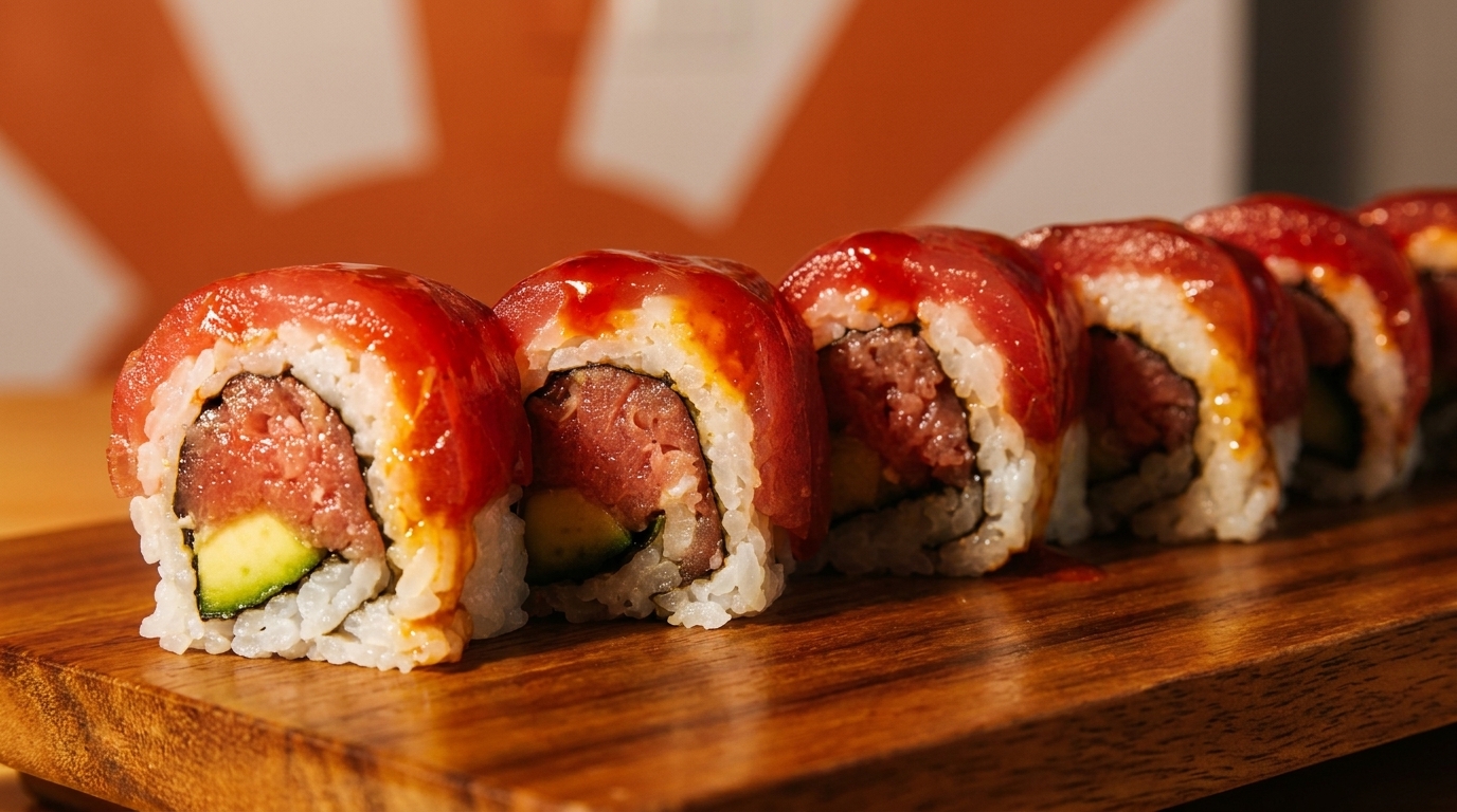 A row of sushi rolls with tuna, avocado, and a red sauce on a wooden board.