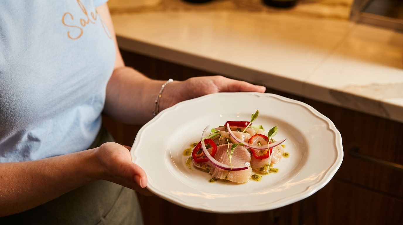 Hands holding a white plate of ceviche with red onion, chili, and green sauce.