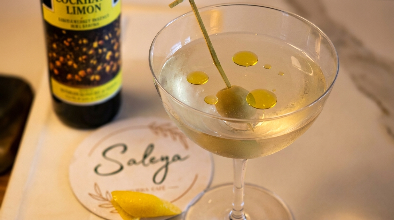 Martini with an olive, oil drops, and a lemon peel on a "Saleya" coaster, with a bottle in the background.