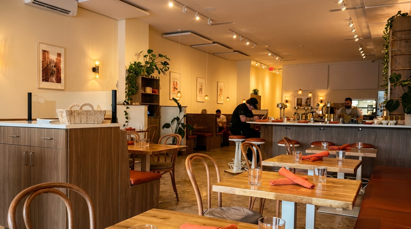 Bright, modern restaurant interior with wooden tables, orange napkins, and a bar area with staff.