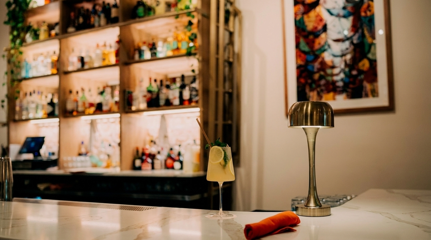 A cocktail with lemon and mint on a white marble bar, with a lit bar shelf in the background.