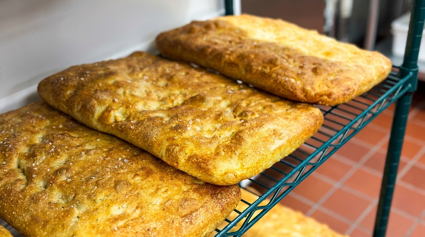 Golden-brown focaccia bread loaves with coarse salt on a metal rack in a commercial kitchen.