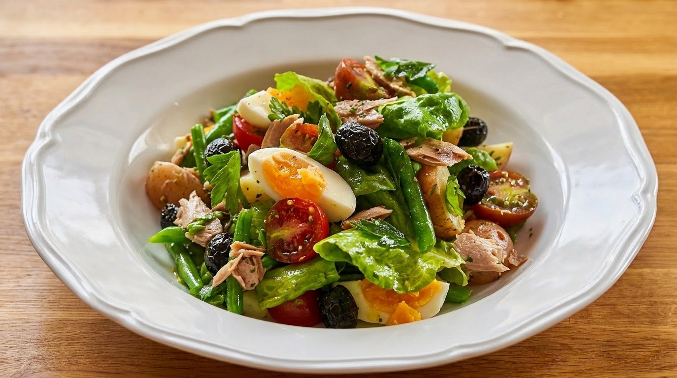 A vibrant Niçoise salad with tuna, eggs, green beans, olives, and tomatoes in a white bowl.