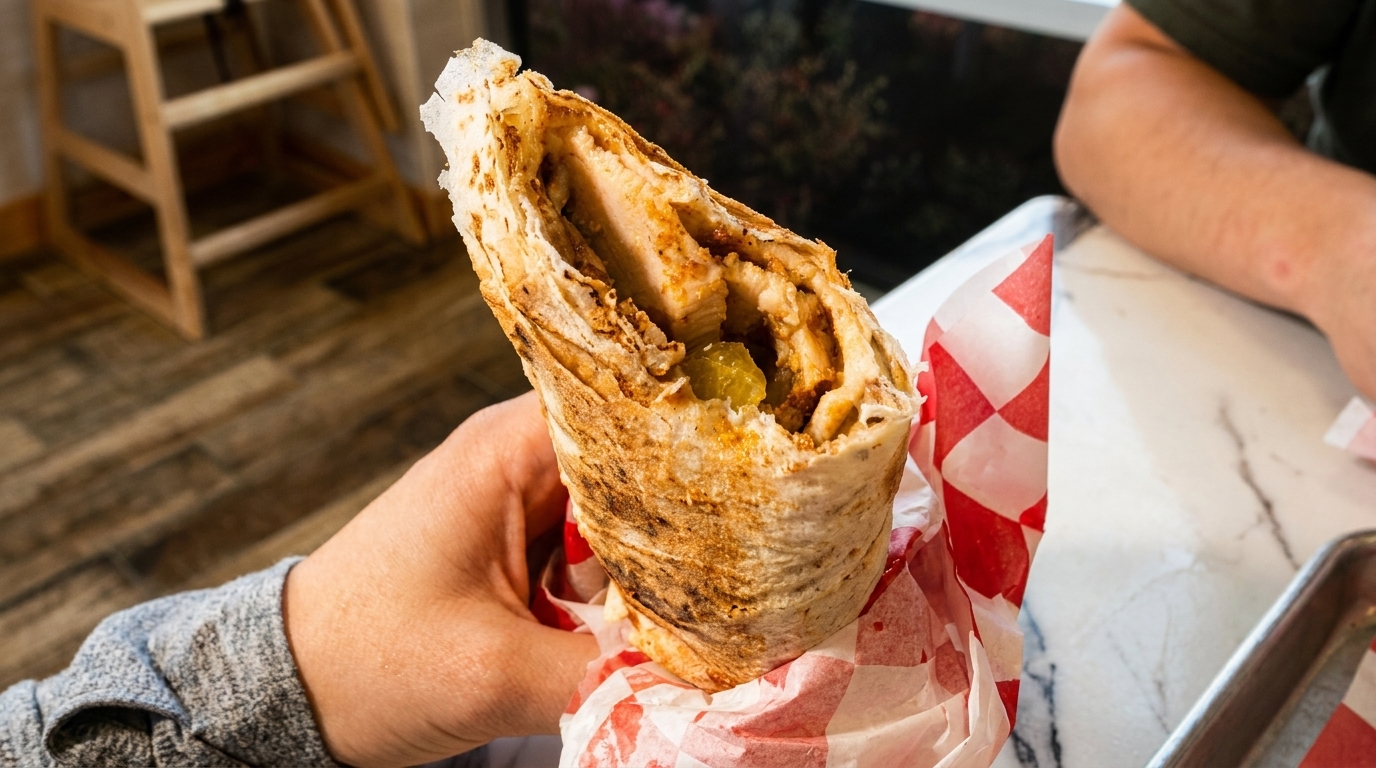 A hand holds a chicken shawarma wrap with pickles, wrapped in red and white checkered paper.