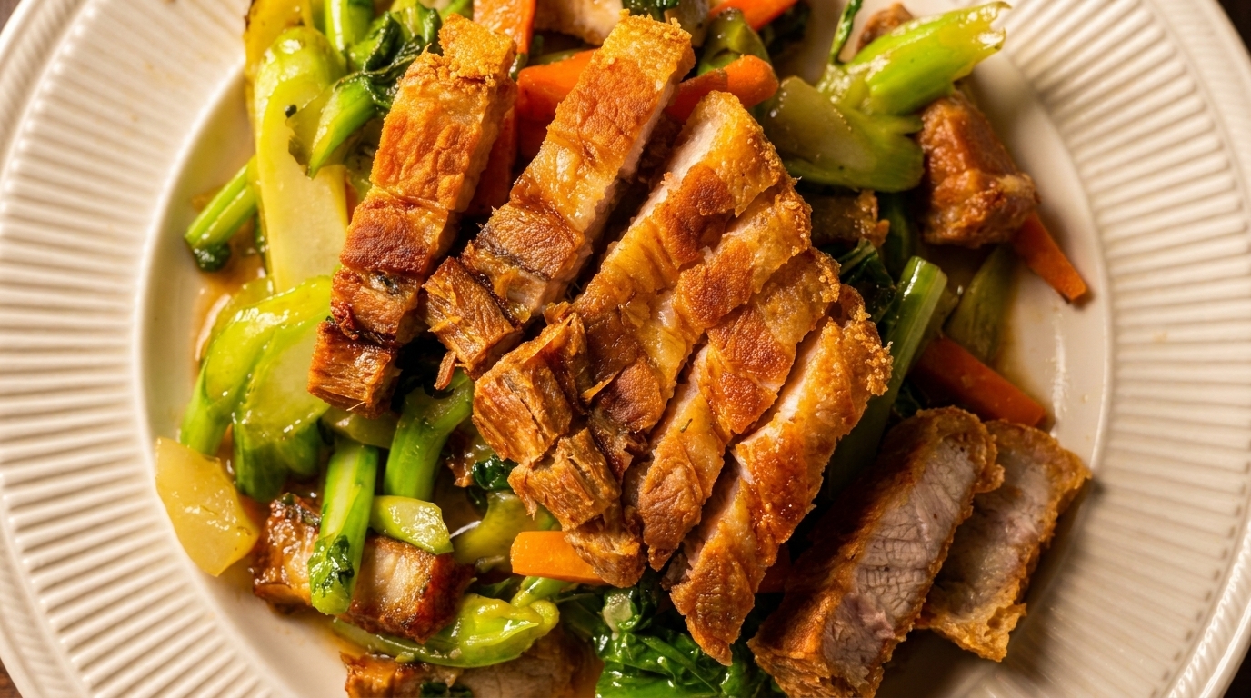 Crispy pork belly slices with stir-fried green vegetables and carrots on a white plate.