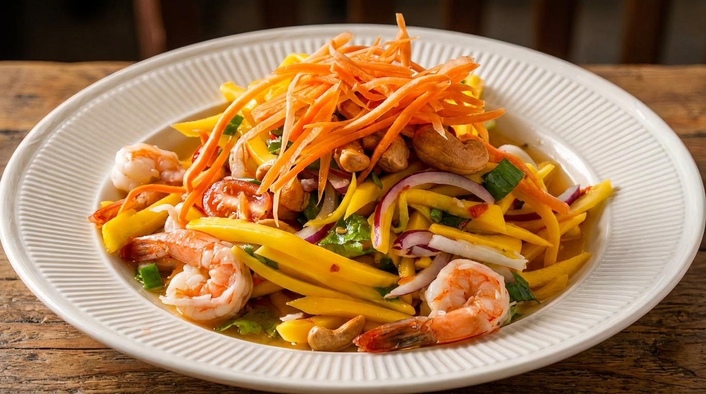 Vibrant mango salad with shrimp, cashews, red onion, and shredded carrots on a white plate.