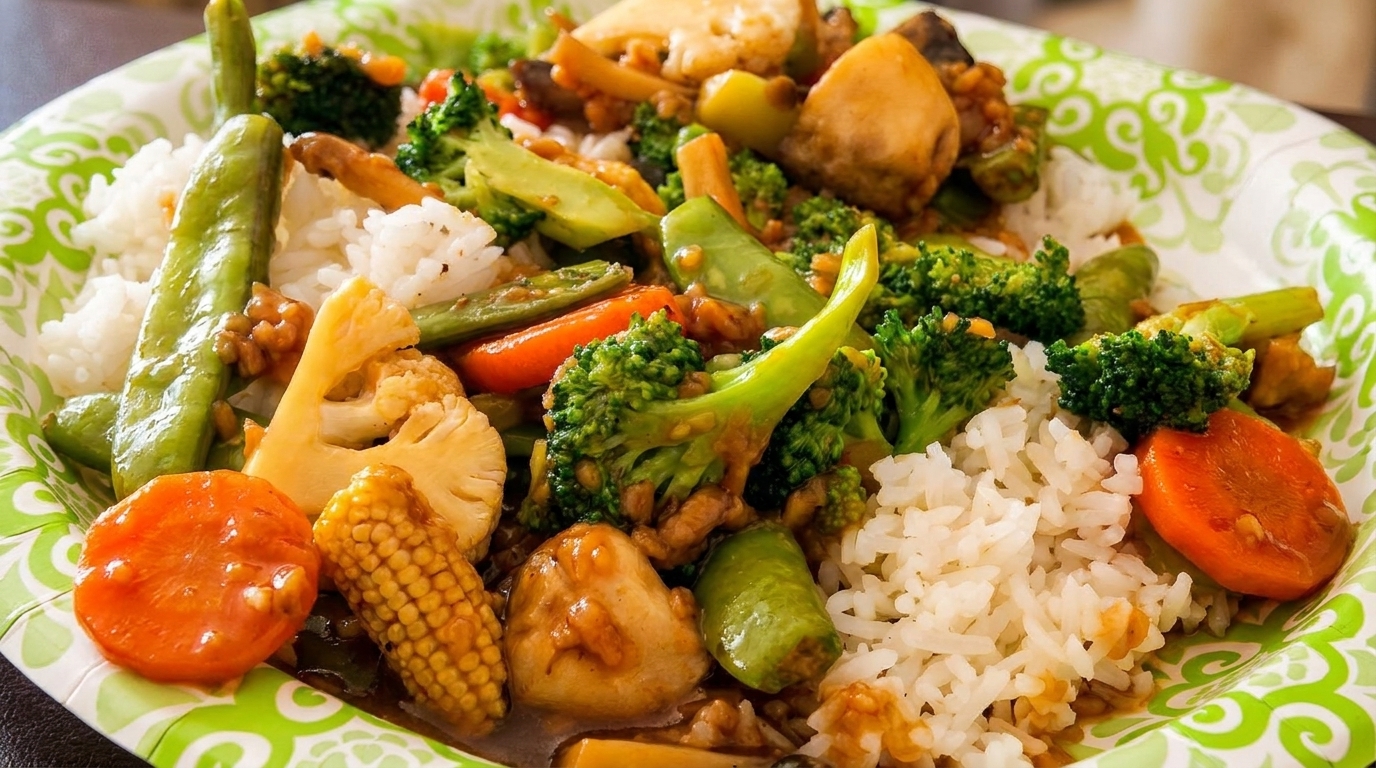 A colorful stir-fry with broccoli, carrots, baby corn, and snow peas over white rice in a green-patterned bowl.