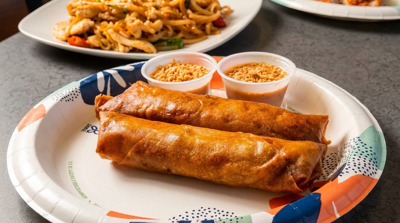 Two crispy spring rolls with peanut dipping sauce on a colorful paper plate, with noodles in the background.