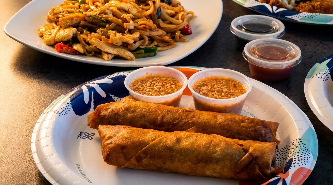 Crispy egg rolls with peanut sauce and a plate of chicken lo mein on a dark table.