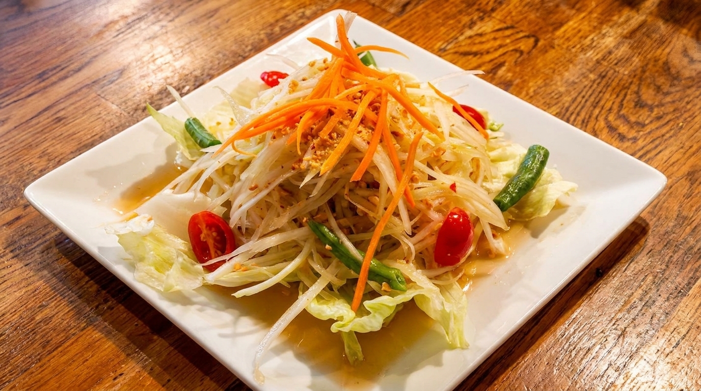 A vibrant papaya salad with shredded carrots, tomatoes, and green beans on a white plate.