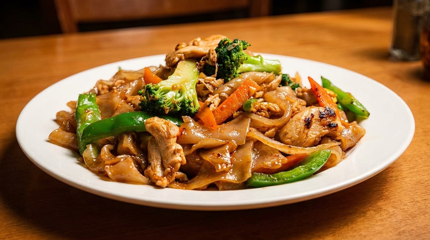 Pad See Ew with chicken, wide noodles, broccoli, carrots, and green peppers on a white plate.
