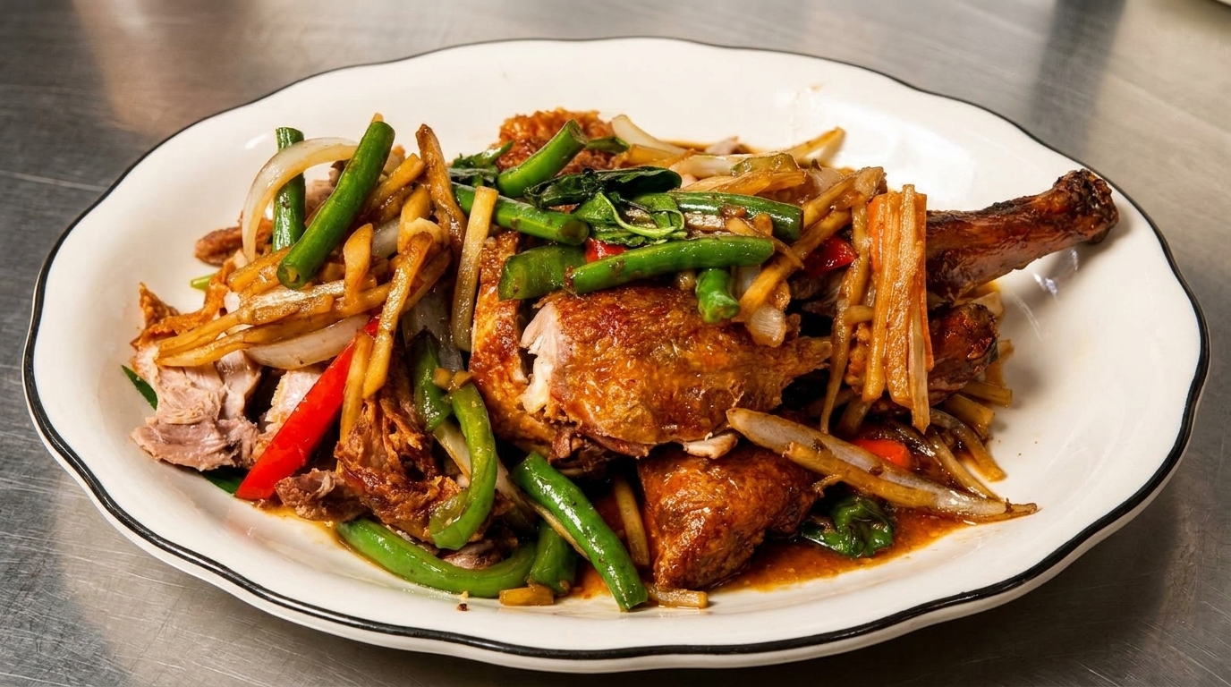 Crispy duck with green beans, onions, and red peppers on a white plate.