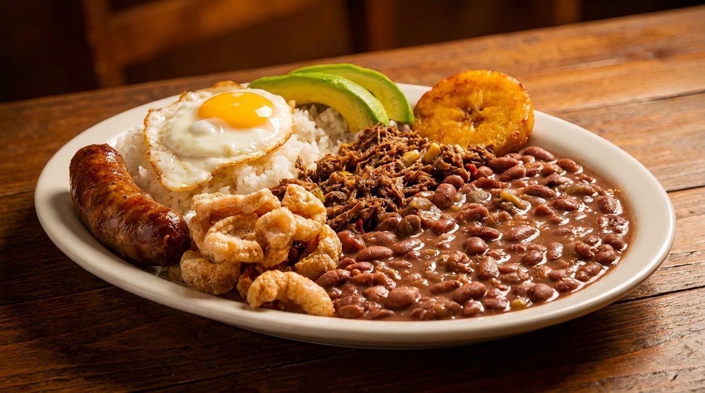 Hearty bandeja paisa with sausage, fried egg, rice, beans, chicharron, shredded beef, avocado, and plantain.
