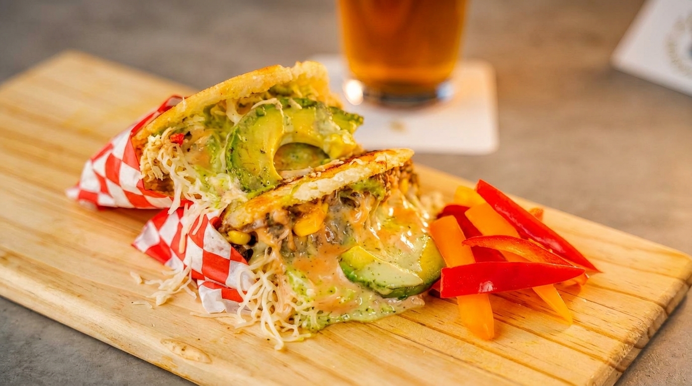 Two stuffed arepas with avocado and cheese, served with bell pepper strips and a drink.