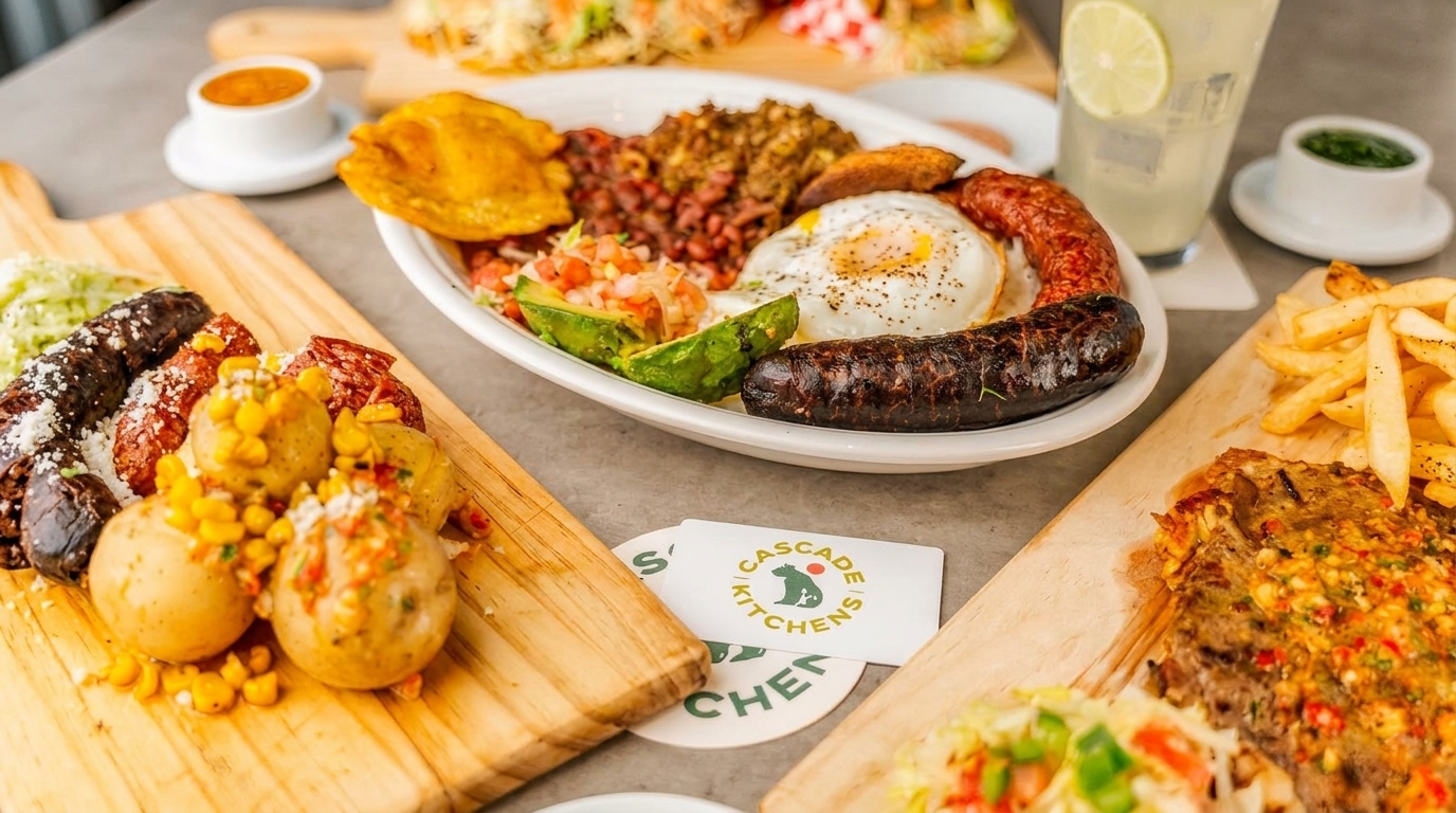 A table laden with various Colombian dishes, including a large platter with eggs, sausage, and avocado.