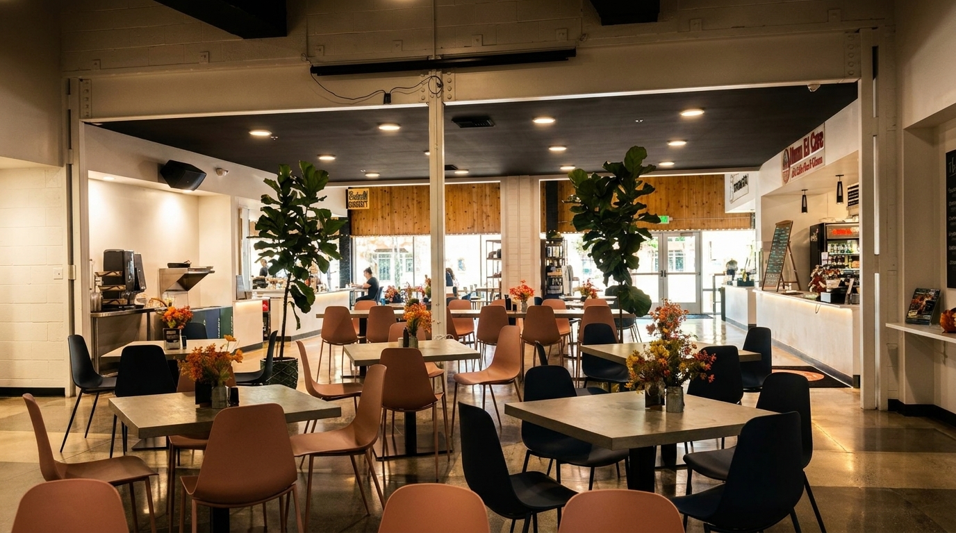 Spacious, modern restaurant interior with numerous tables, chairs, and large plants, featuring a counter area.