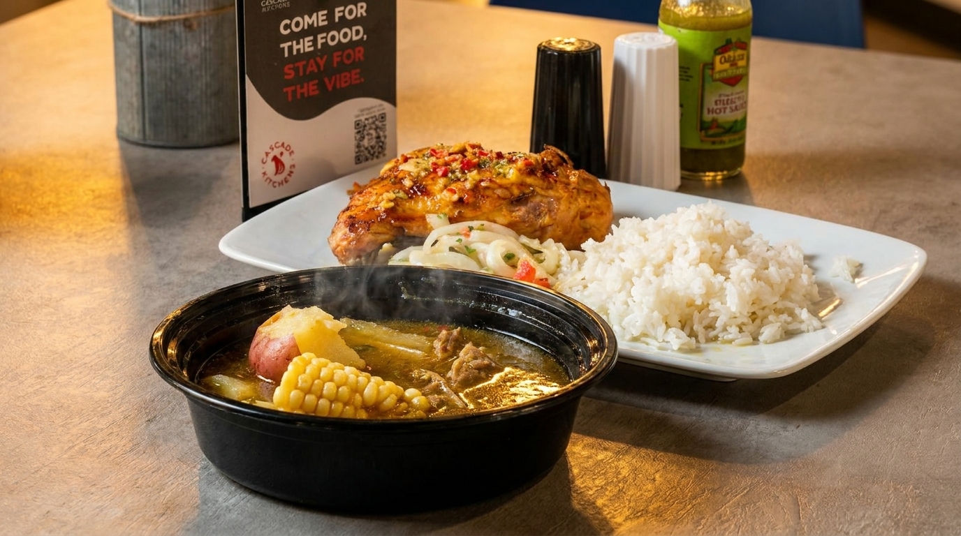 Steaming soup with corn and potatoes, alongside roasted chicken, rice, and a side salad.