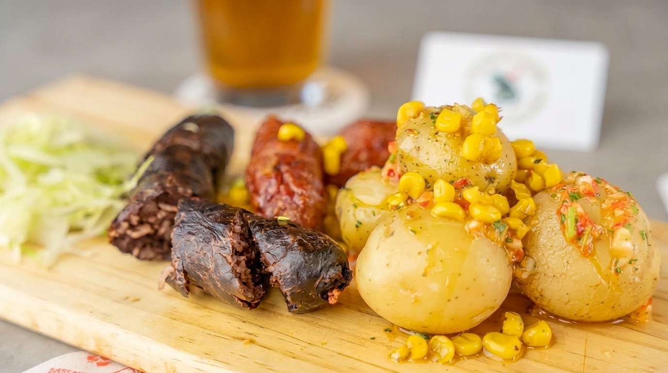 A wooden board with blood sausage, chorizo, and potatoes topped with corn and salsa.