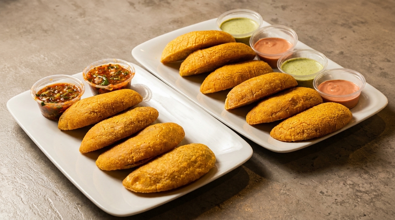 Two white plates of golden empanadas with various dipping sauces in small plastic cups.