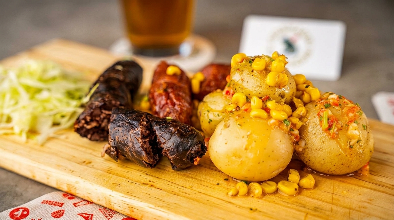 A wooden board with blood sausage, chorizo, and potatoes topped with corn and salsa.