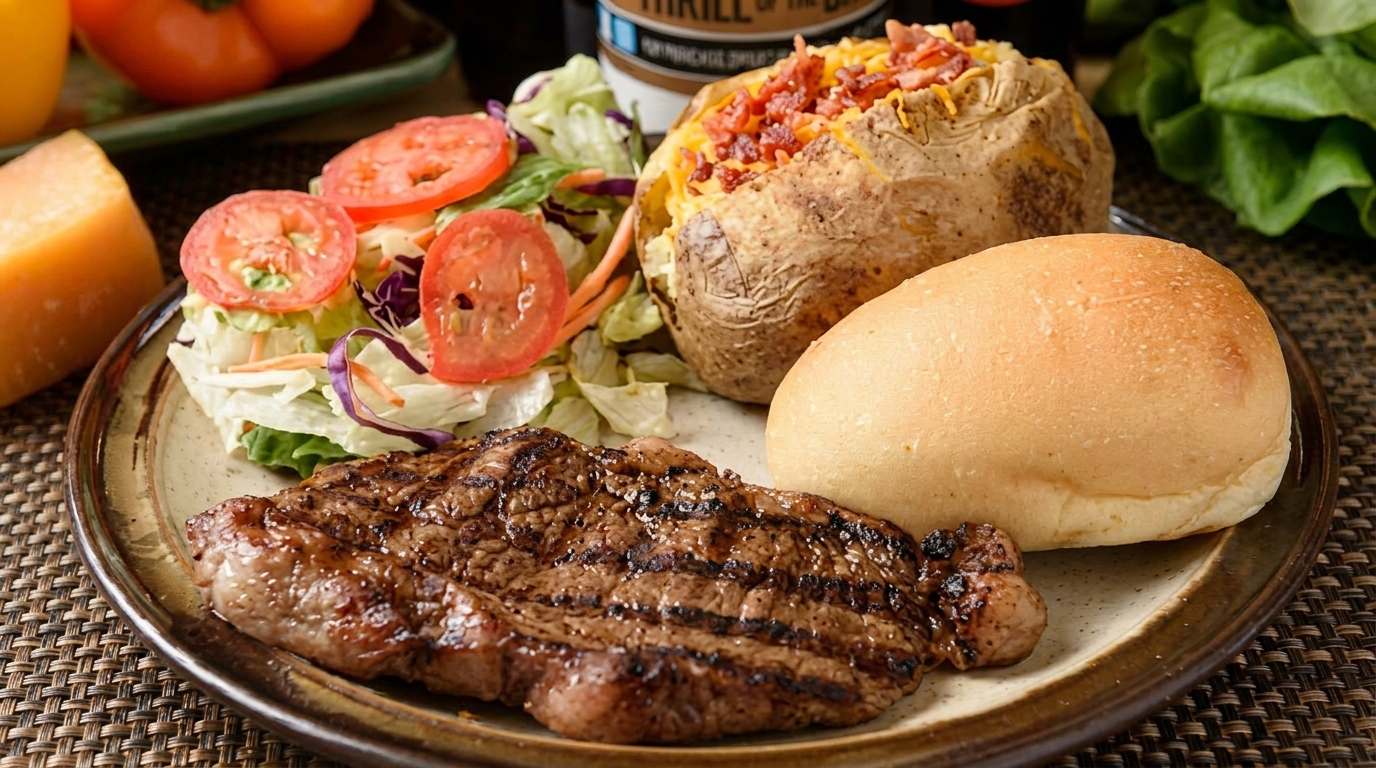 Grilled steak, loaded baked potato, side salad, and a dinner roll on a plate.