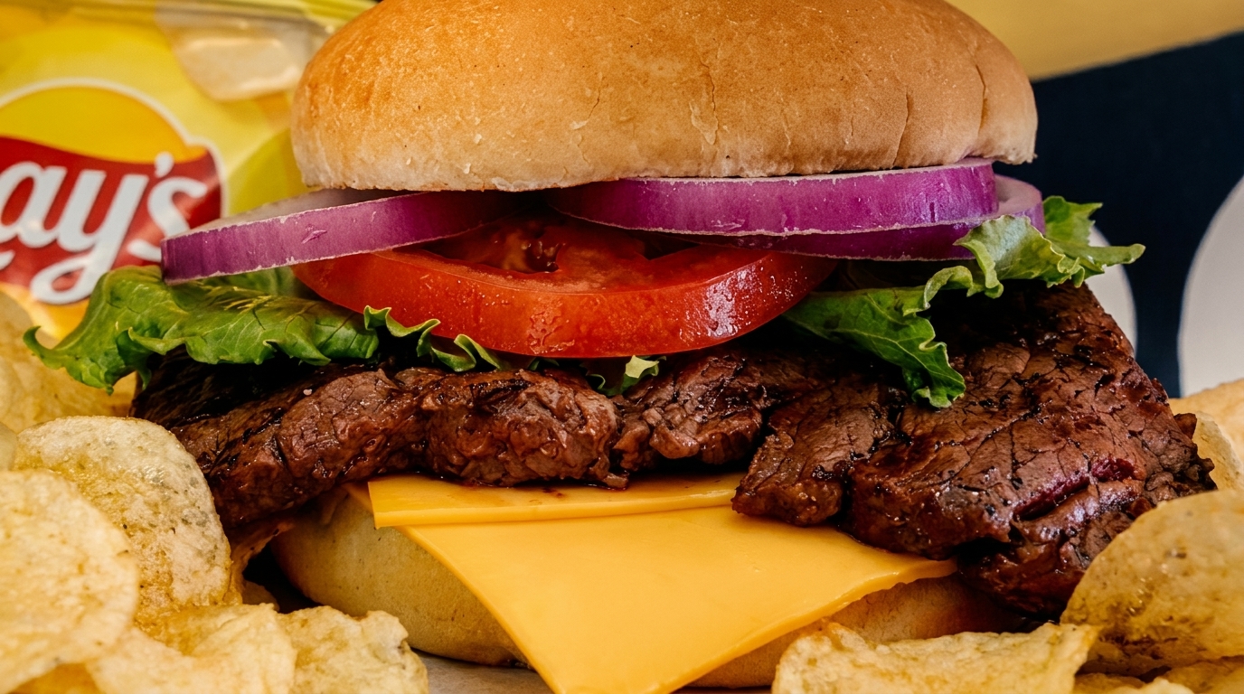 Cheeseburger with steak, lettuce, tomato, and red onion, served with potato chips and a Lay's bag.
