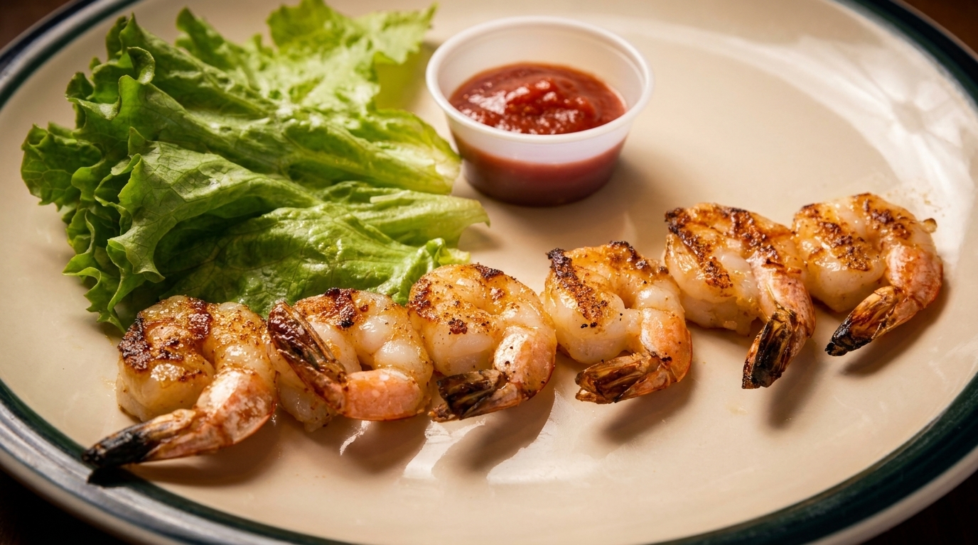 Grilled shrimp with lettuce and a side of cocktail sauce on a plate.
