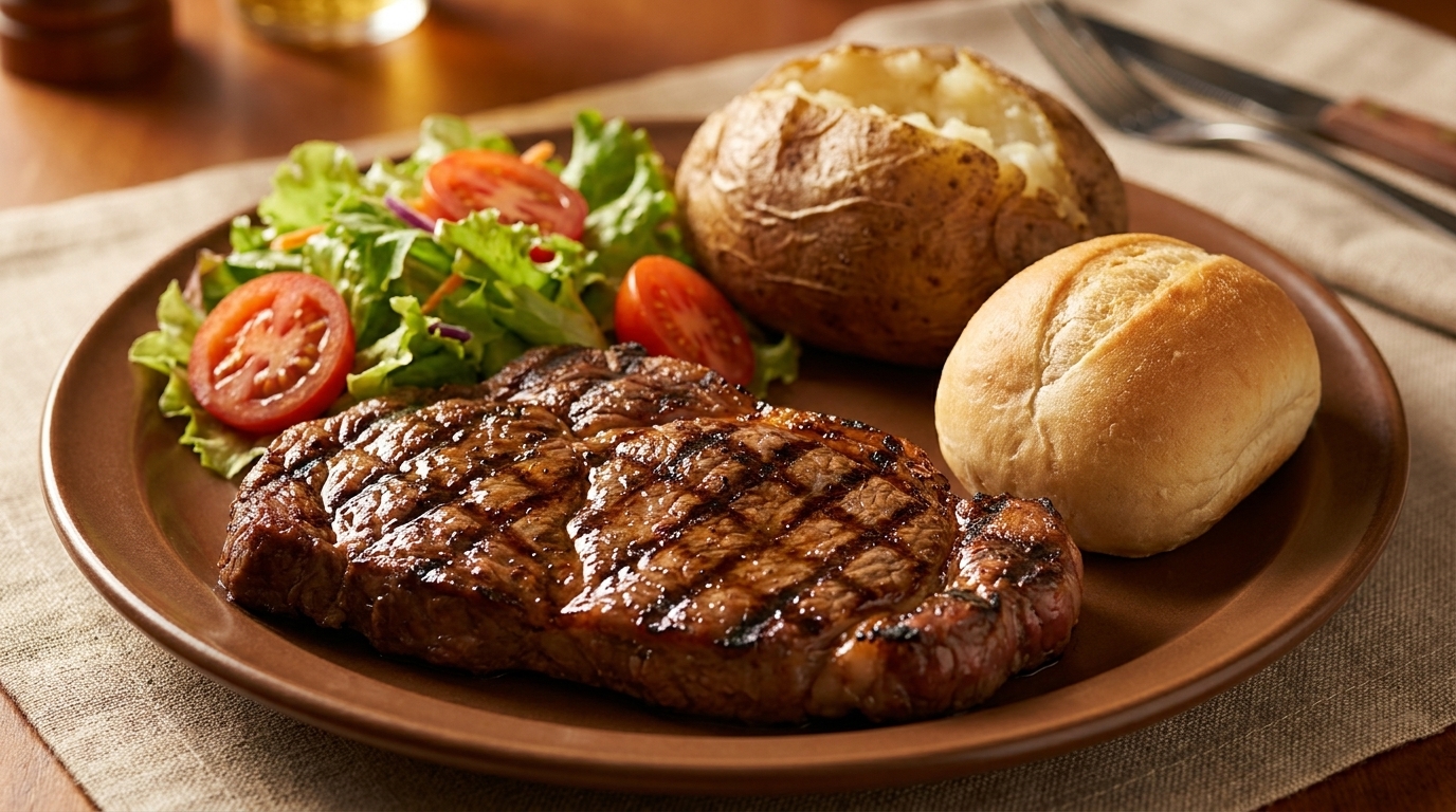 Grilled steak with a side salad, baked potato, and dinner roll on a brown plate.