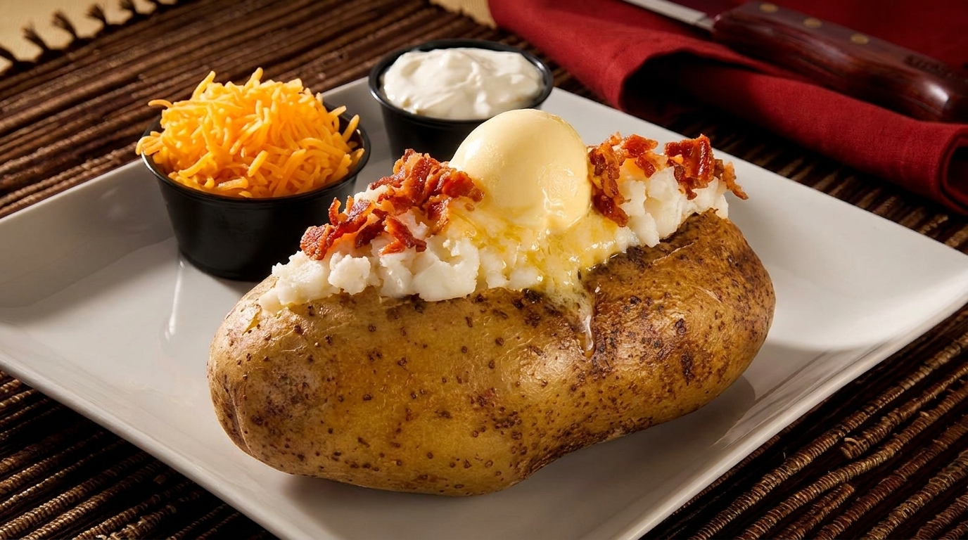 Baked potato topped with butter, bacon, and mashed potato, with sides of shredded cheese and sour cream.