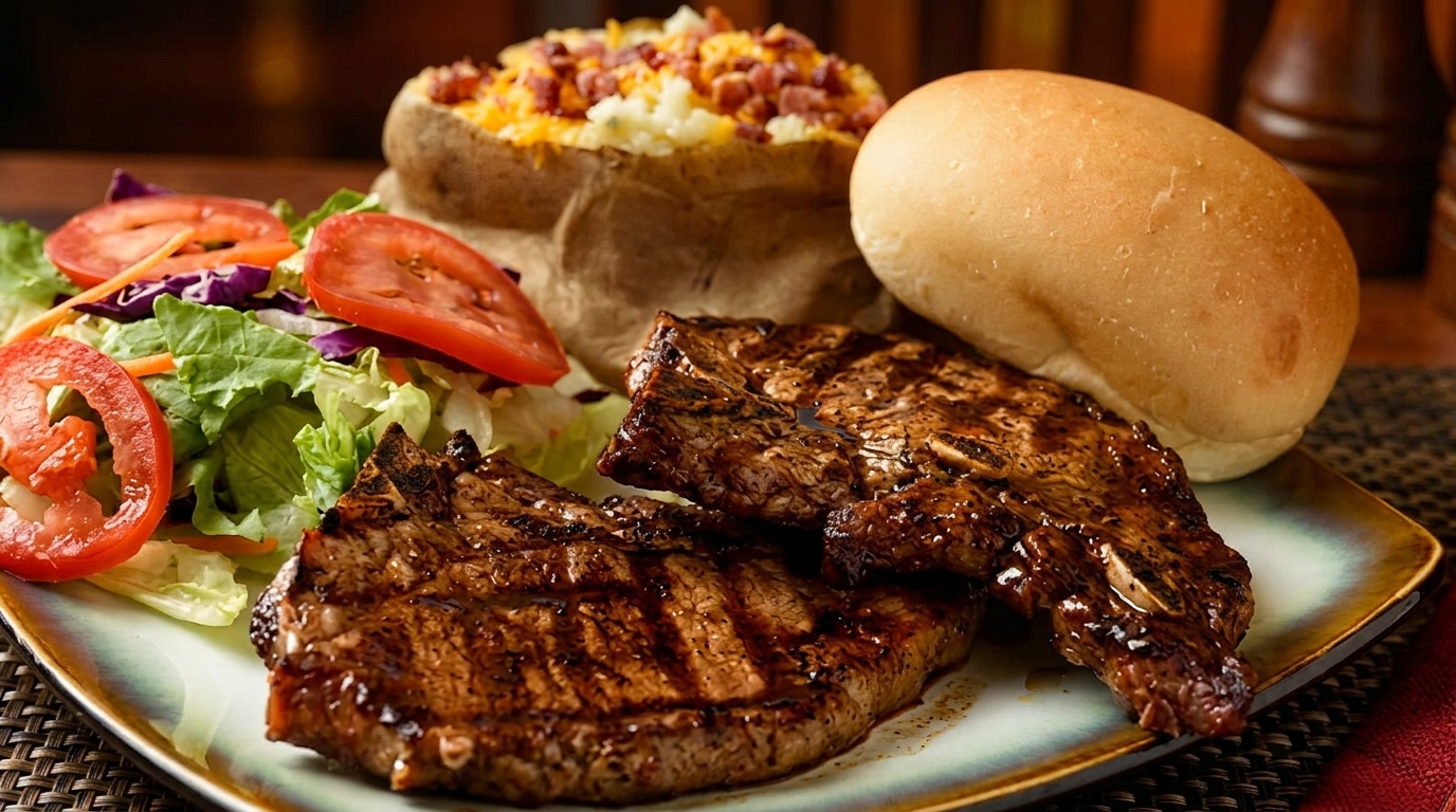Grilled steak, loaded baked potato, side salad, and a dinner roll on a plate.
