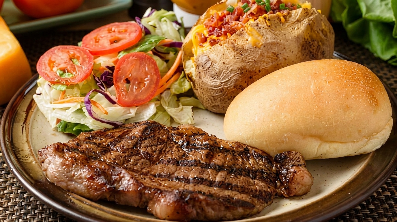 Grilled steak, loaded baked potato, side salad with tomatoes, and a dinner roll on a plate.