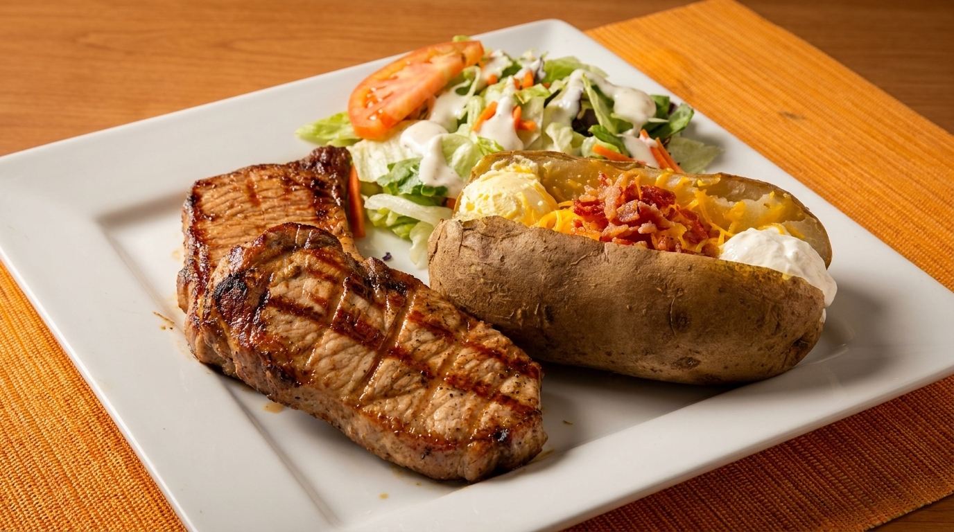 Grilled pork chops, a loaded baked potato, and a side salad with dressing on a white plate.