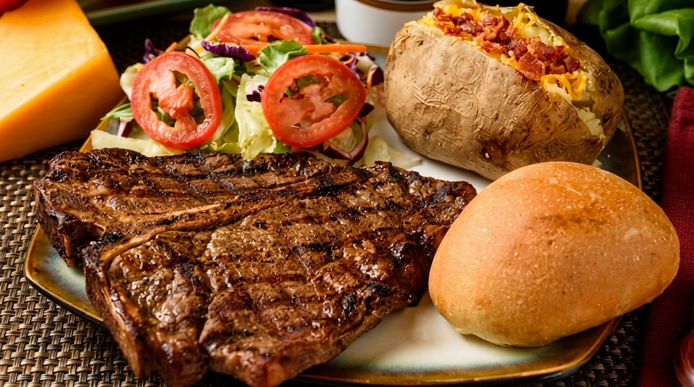 Grilled steak, baked potato with bacon and cheese, side salad, and a dinner roll.