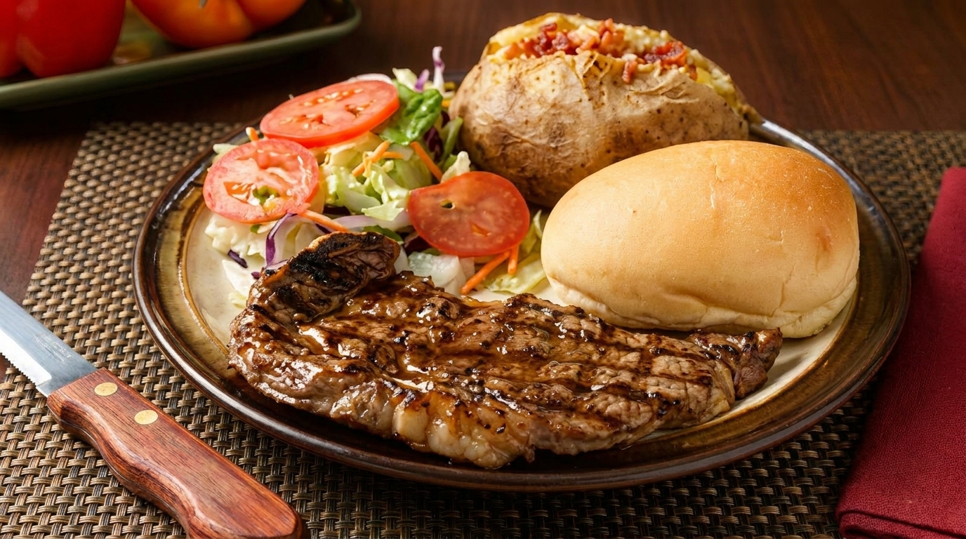 Grilled steak with a baked potato, side salad, and dinner roll on a brown plate.