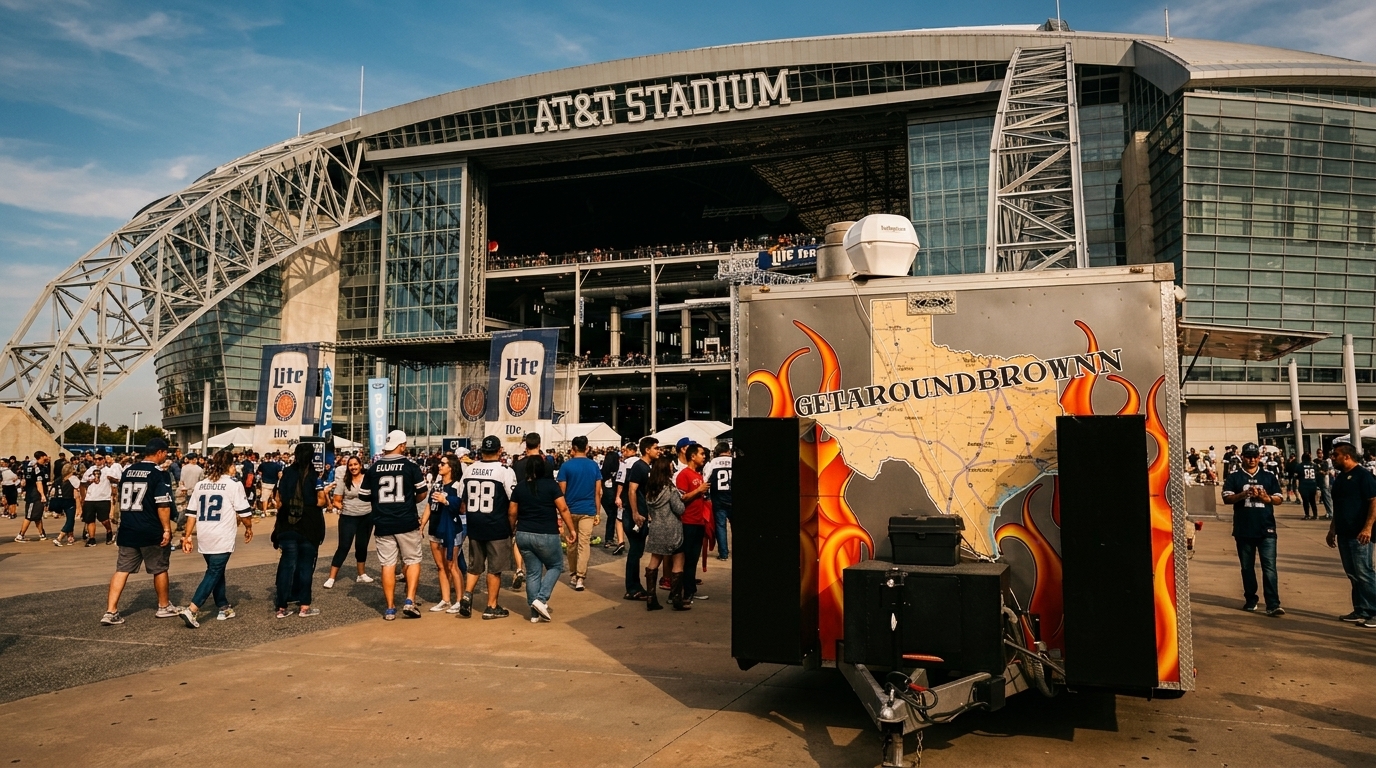 Crowd of people in jerseys outside AT&T Stadium with a food truck in the foreground.