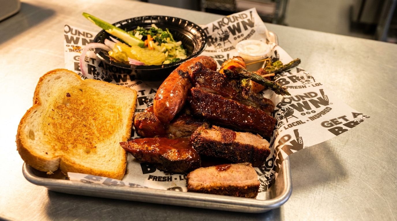 Barbecue platter with sausage, ribs, toast, coleslaw, and grilled asparagus on branded paper.