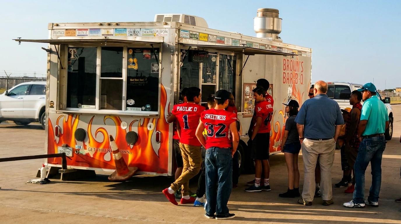 People, including kids in football jerseys, line up at Brown's Bar-B-Q food truck.