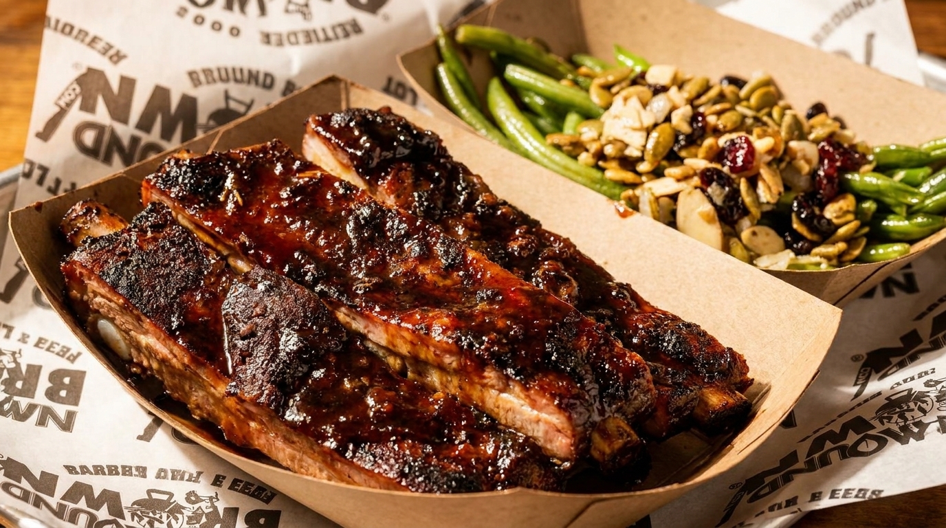 Glazed BBQ ribs and green beans with nuts and dried cranberries in paper trays.