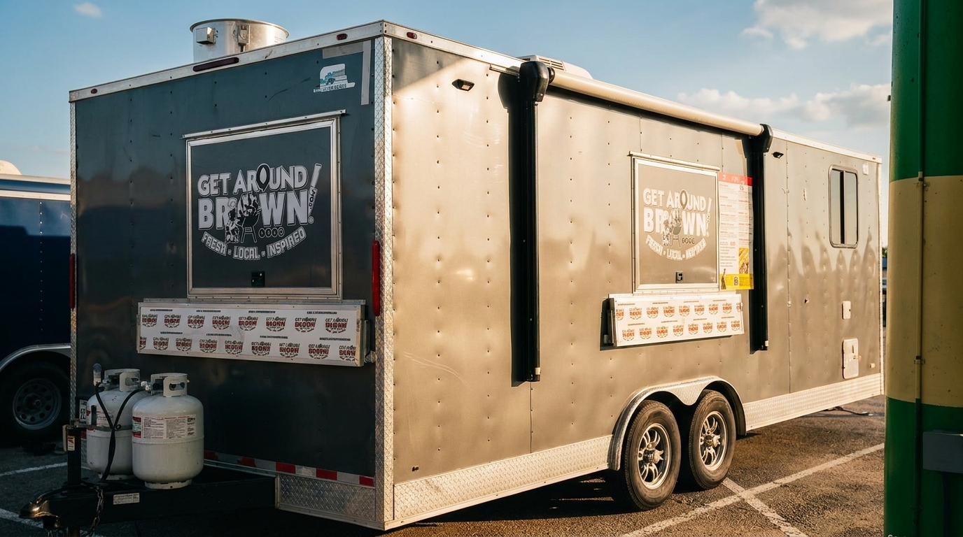 A gray food truck with "Get Around Brown" branding, two propane tanks, and a menu board.