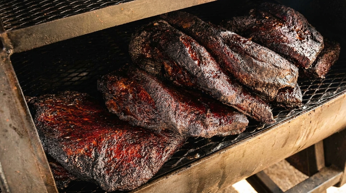 Several large cuts of dark, smoked meat resting on a grill inside a barbecue smoker.