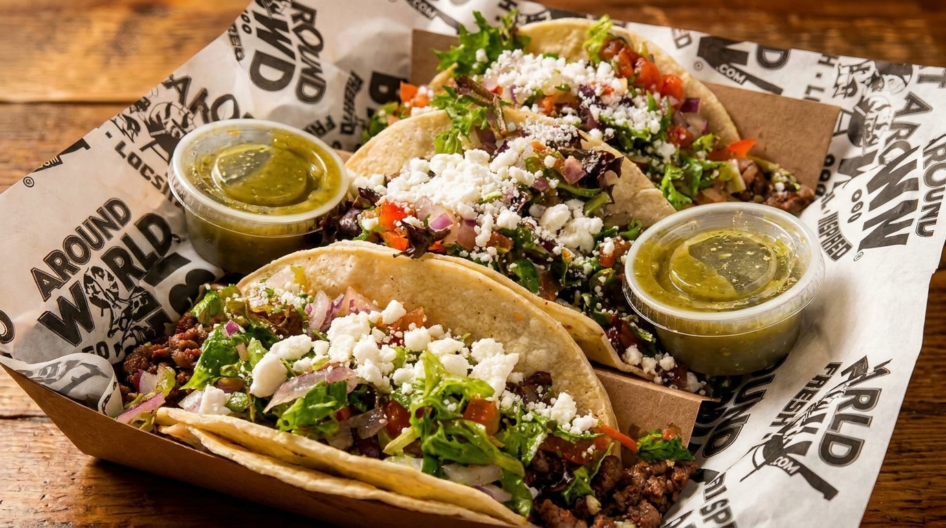 Three loaded tacos with meat, lettuce, cheese, and salsa in a branded paper-lined tray.