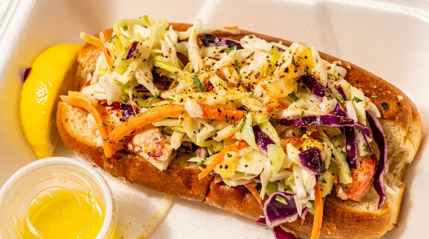 Lobster roll with coleslaw, lemon wedge, and a side of butter in a white container.