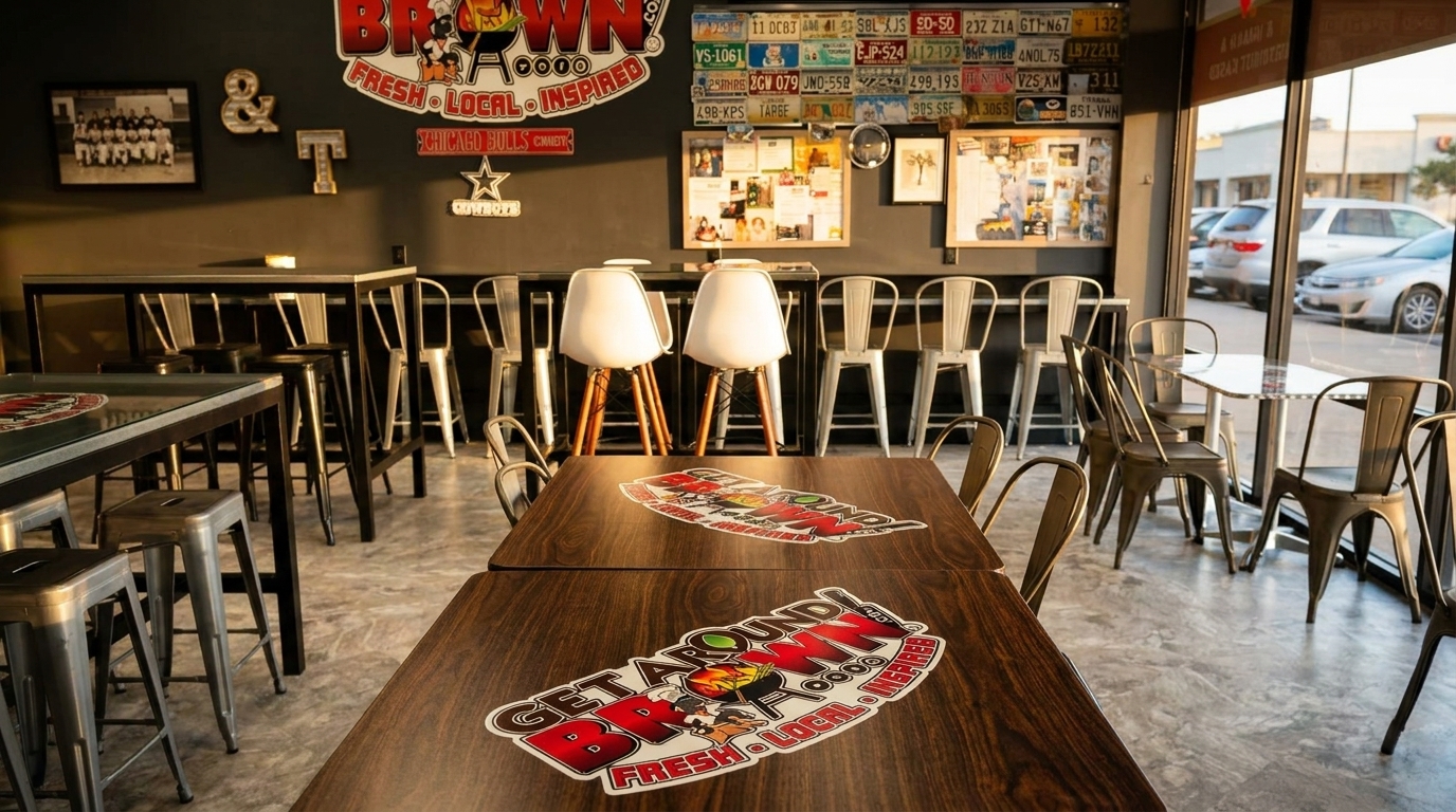 Restaurant interior with wooden tables, metal chairs, and a wall decorated with license plates and memorabilia.