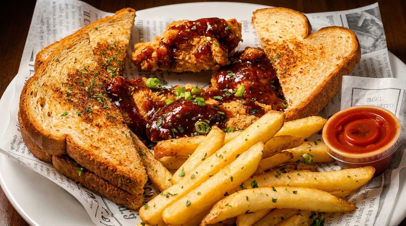 Crispy fried chicken with BBQ sauce, french fries, and toasted bread on a white plate.