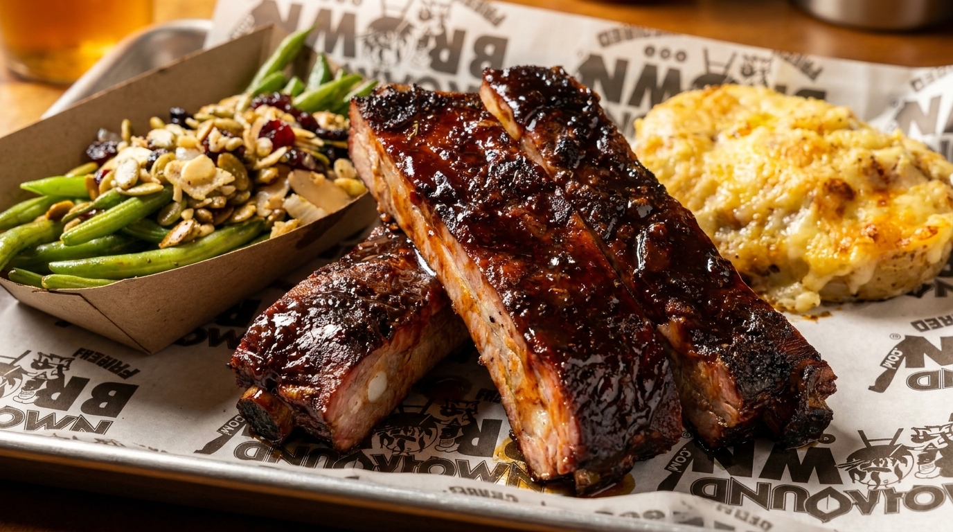 BBQ ribs with green beans and a baked potato on branded parchment paper.