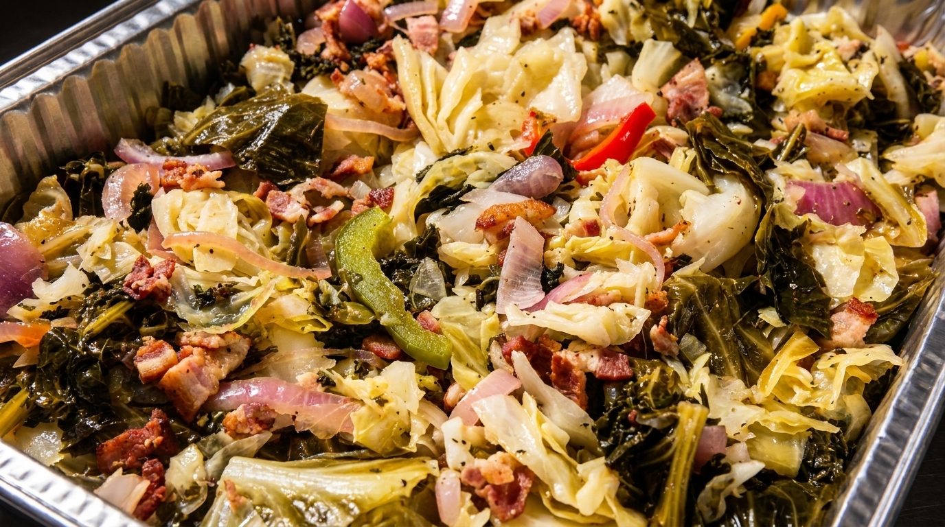 Close-up of a foil pan filled with cooked collard greens, cabbage, red onions, and bacon.