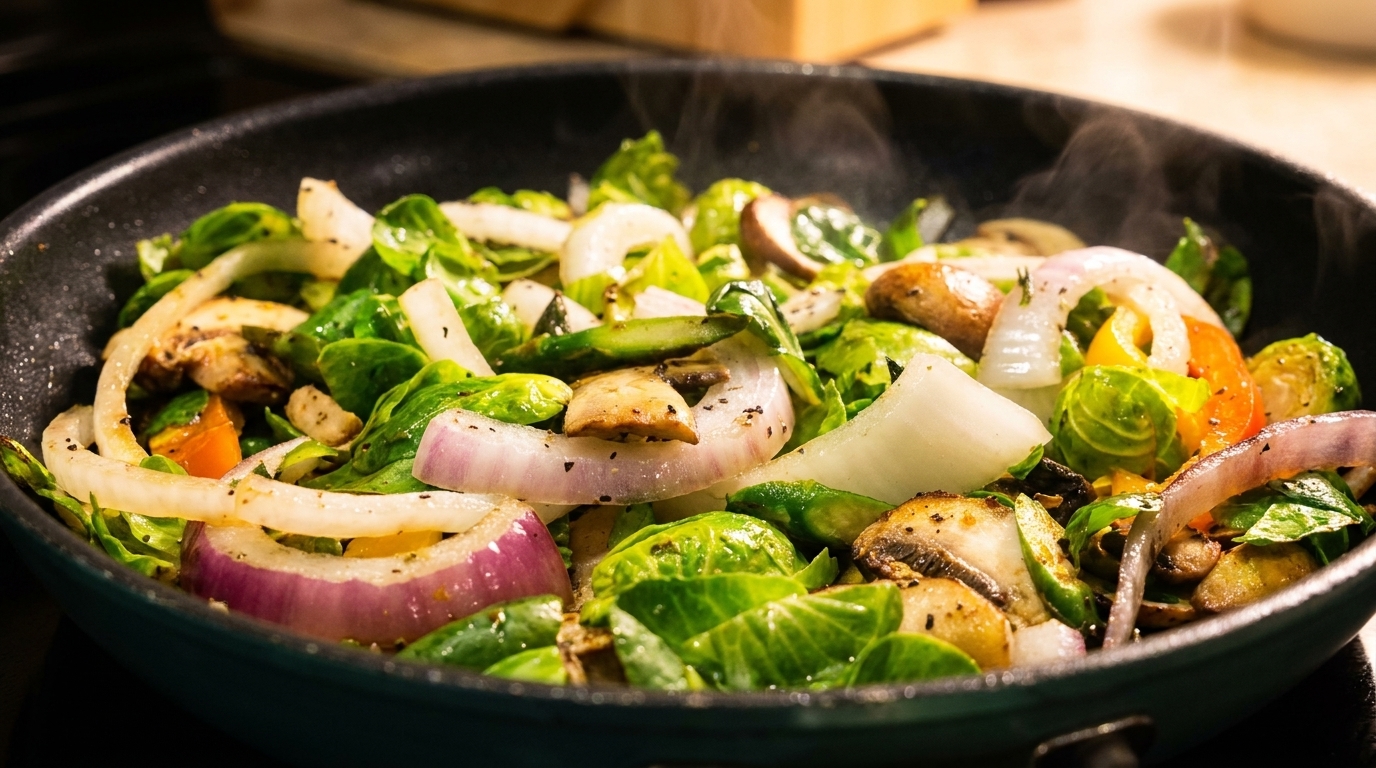 Steaming brussels sprouts, mushrooms, and onions sautéing in a dark pan.